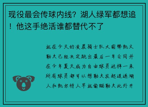 现役最会传球内线？湖人绿军都想追！他这手绝活谁都替代不了