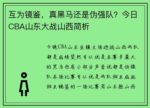 互为镜鉴，真黑马还是伪强队？今日CBA山东大战山西简析