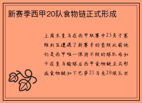 新赛季西甲20队食物链正式形成